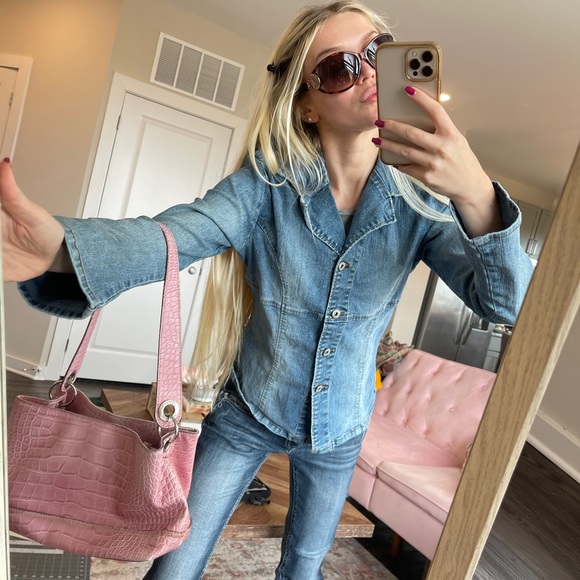 Vintage Tops - 🍒Y2k jean denim blazer fitted top button up Britney Spears vibese